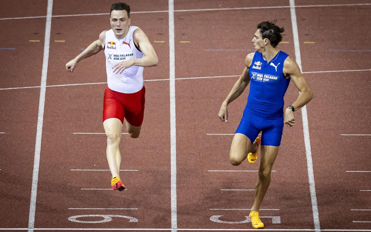 Video: Pole vaulter Mondo Duplantis beats hurdler Karsten Warholm in 100m race in 10.37 seconds